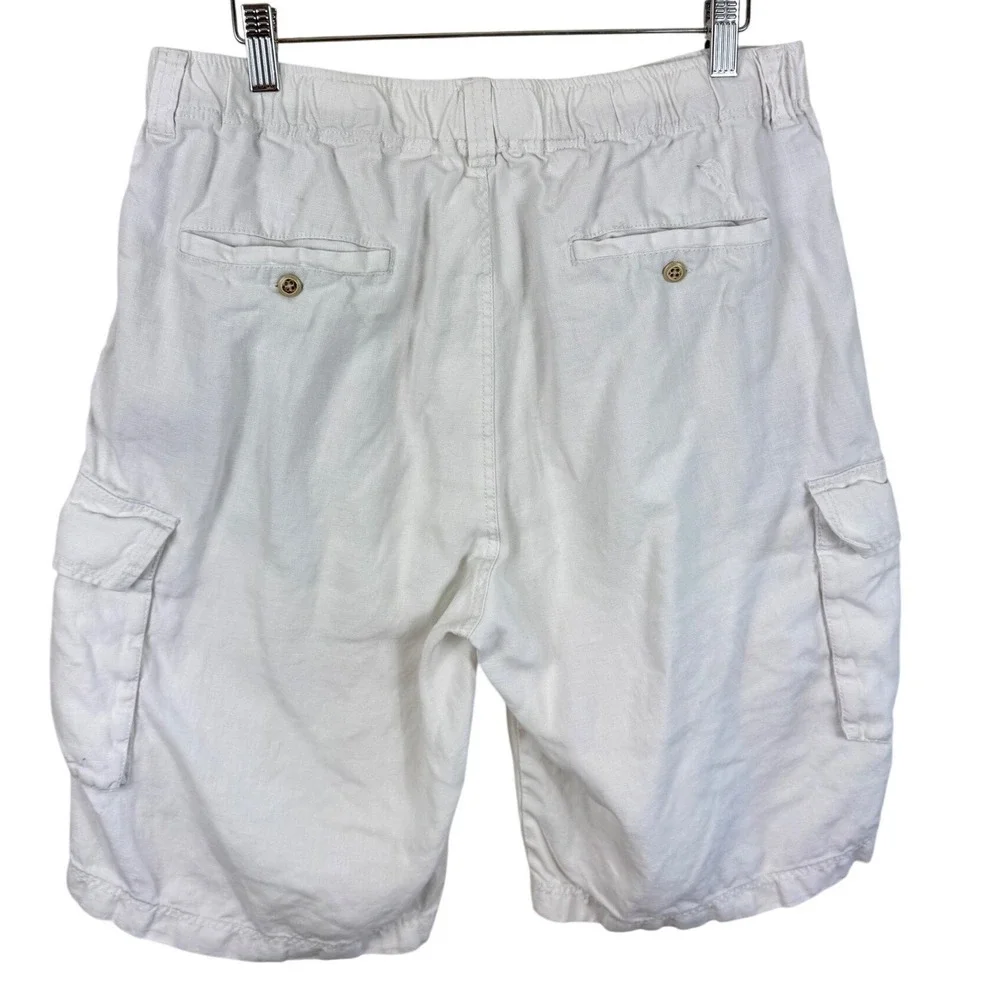 Tommy Bahama Relax Mens White 100% Linen Cargo Shorts Elastic Waist Medium